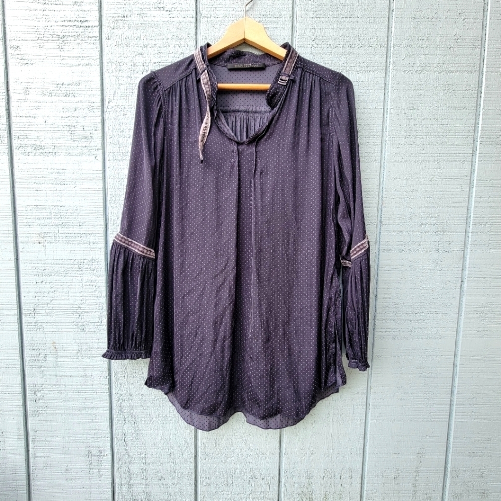 Beate Heymann Peasant Polka Dot Navy Blouse Tunic Choker Neck size 8